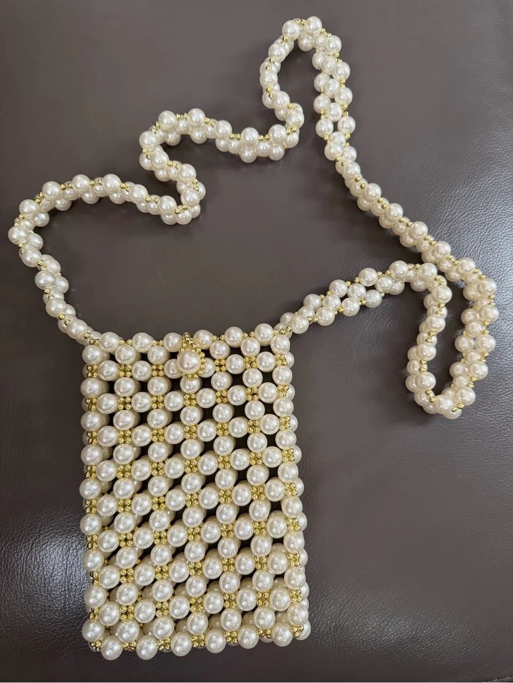 Pearl Beaded Crossbody Phone Bag - Ivory with Gold Accents